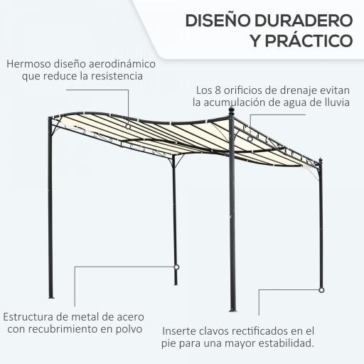 Cenador de Jardín 3x3 m Pérgola con Toldo y 16 Orificios de Drenaje para Patio Terraza Metal y Poliéster 180 g/m² Resistente Crema [3]