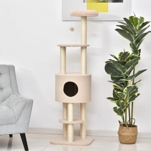 Árbol Rascador para Gatos Altura 148 cm Árbol para Gatos con Postes de Sisal Plataformas Casa y Bola Colgante Beige