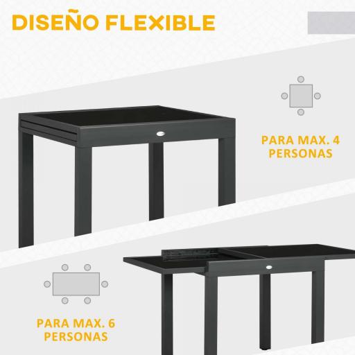 Mesa de Jardín Extensible de Aluminio Mesa Rectangular con Encimera de Vidrio Templado para Terraza 80-160x80x75cm Negro [4]