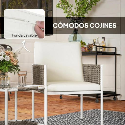 Juego de 2 Sillas y Mesa de Ratán con Cojines Acolchados y Encimera de Vidrio para Balcón Terraza Marrón y Crema [3]