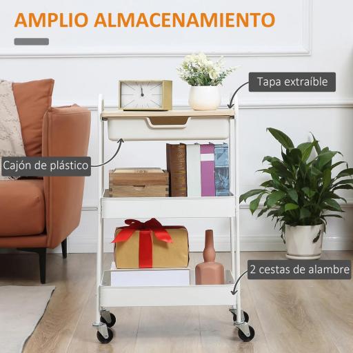 Carrito de Cocina con Ruedas Carro de Almacenamiento con Cajón Extraíble 2 Cestas y Frenos para Baño Salón Dormitorio 43,9x30,5x75,6 cm Blanco [2]