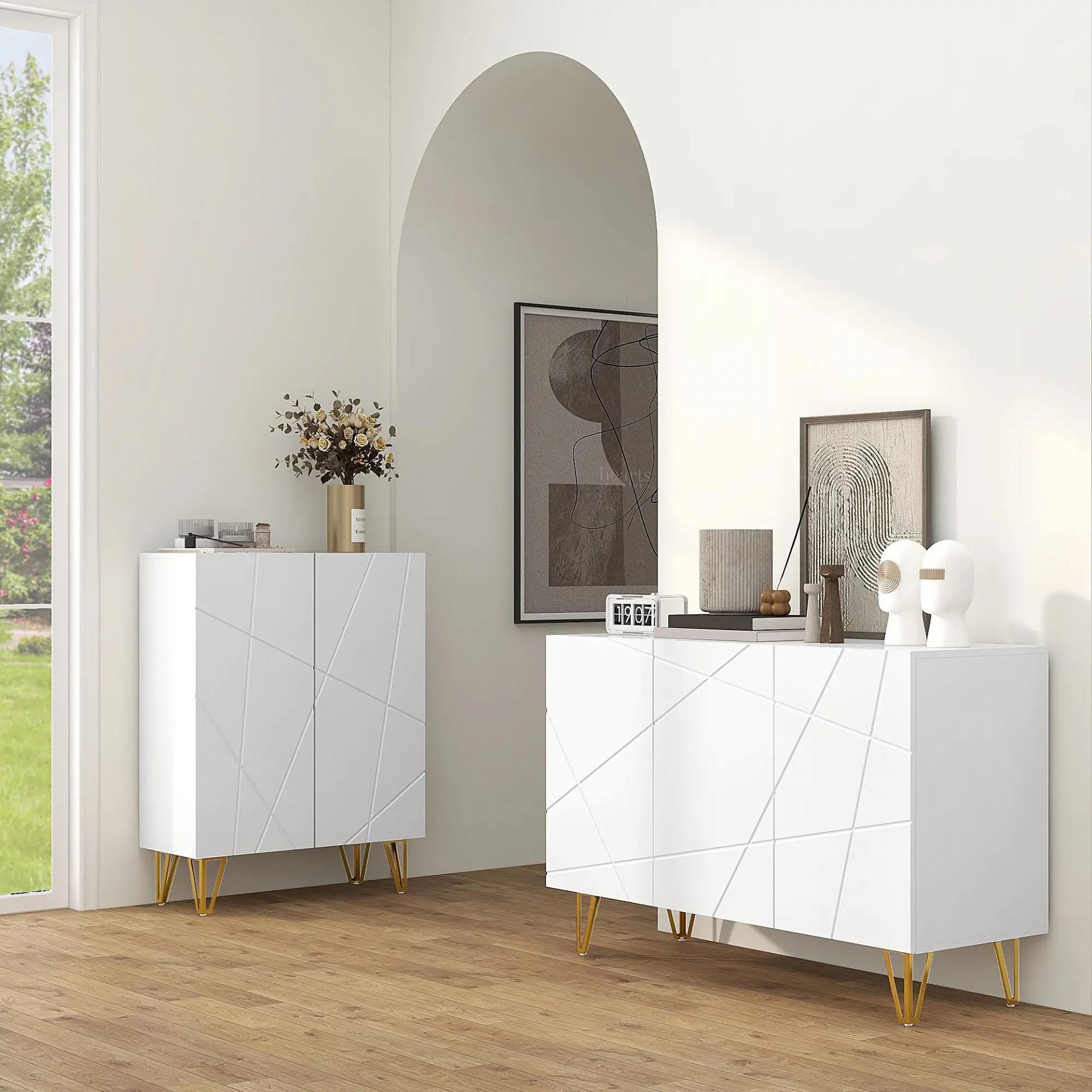 Aparador de Entrada con 3 Puertas y Estantes Ajustables para Cocina Sala 120x40x75 cm Blanco Brillante