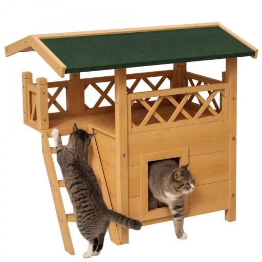 Caseta para Gatos de 2 Niveles 77x50x73cm Refugio para Gatos con Techo Asfáltico Escalera y Balcón para Exterior Natural [7]
