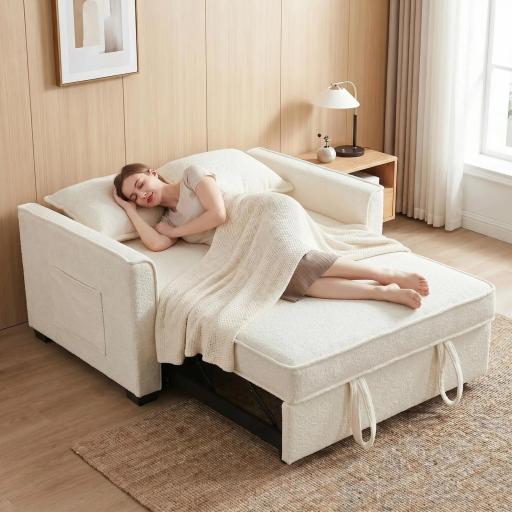 Sofá Cama 2 Plazas 3 en 1 con Respaldo Ajustable Bolsillos Laterales 2 Almohadas para Sala de Estar Blanco Crema [9]