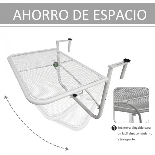 Mesa Colgante de Balcón con Brazo Regulable y Altura Ajustable en 3 Posiciones Marco Metálico 60x56x50 cm Blanco [3]