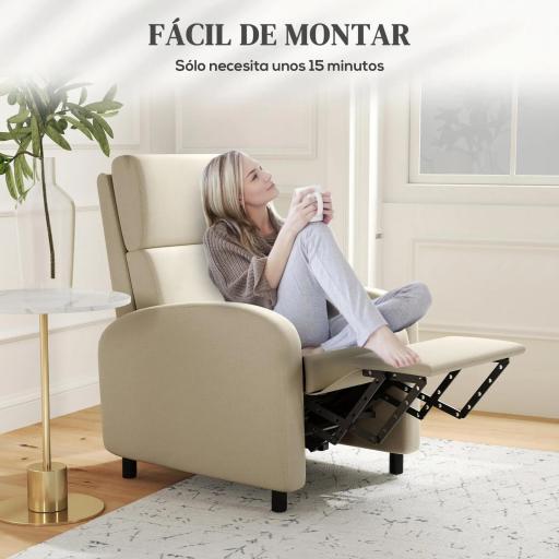 Sillón Relax Reclinable hasta 160° Sofá Reclinable Moderno con Reposapiés Soporta hasta 120 kg 64x86x102 cm Crema [4]