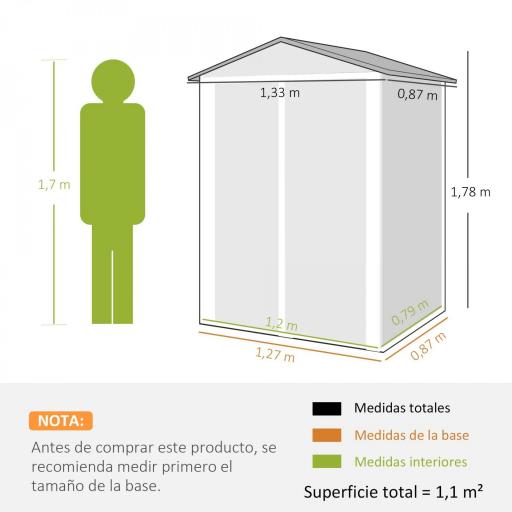 Cobertizo de Jardín Exterior 1,1 m² 133x87x178 cm con 2 Puertas Correderas Techo Inclinado y Guantes Gris Plateado [1]
