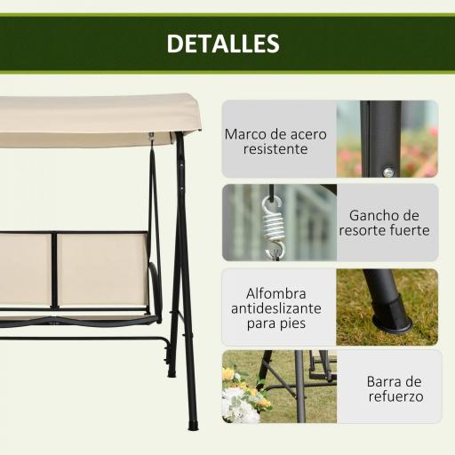 Columpio de Jardín Exterior de 2 Plazas Techo Ajustable y Marco de Acero Asientos de Textilene 140x118x162 cm Beige [3]