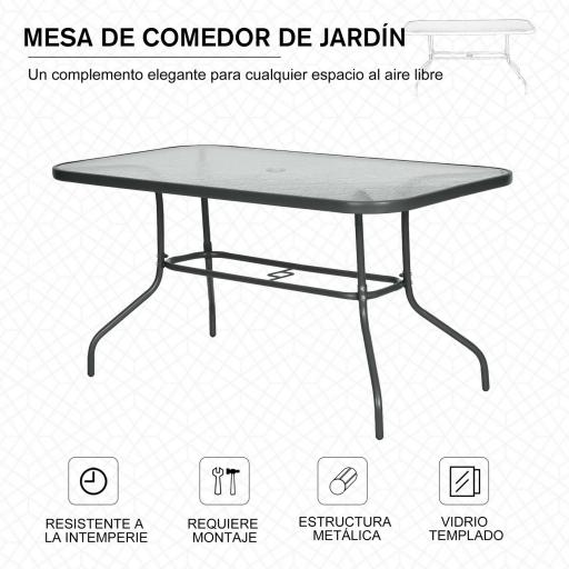 Mesa de Jardín Exterior Rectangular de Metal Bordes Curvos con Orificio para Sombrilla Capacidad 70kg Vidrio Templado 140x80x70 cm Gris Carbón [2]