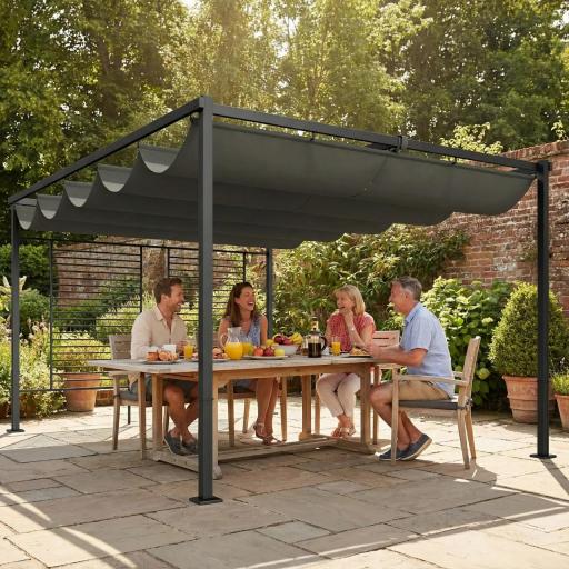 Pérgola de Jardín 4x3 m con Techo Retráctil 2 Paneles de Privacidad UPF50+ Cenador de Jardín para Patio Exterior Gris [7]