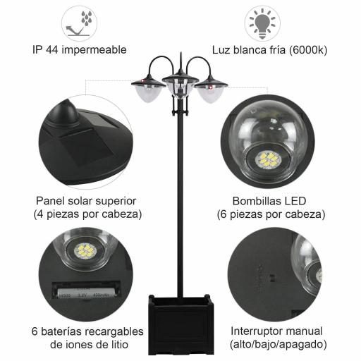 Farol Solar de Jardín con 18 Luces LED Blanca Fría 6000K IP44 para Camino Terraza Patio 60x55x189 cm Negro [3]