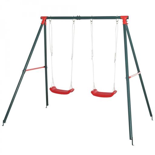 Columpio Doble para Niños +3 Años con Soporte de Metal Juego de Columpio Infantil Cuerda Ajustable Exteriores Carga Máx. 40kg 239x156x180 cm Verde Rojo [9]