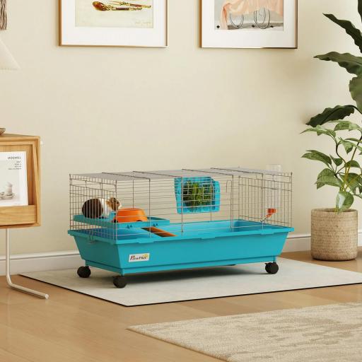  Jaula para Animales Pequeños con Ruedas Botella Comedero Dispensador de Heno para Conejos y Cobayas 89x44x43 cm Azul [0]
