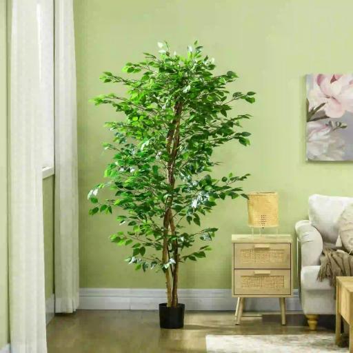 Planta Artificial con Troncos Naturales 180 cm Ficus Sintética con 1260 Hojas Decoración para Hogar Verde [7]