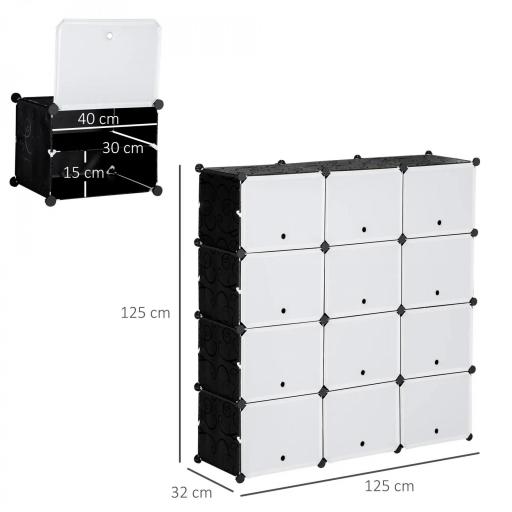 Armario Modular de Plástico Armario Portátil con 12 Cubos Organizador de Zapatos 125x32x125 cm Negro y Blanco [1]