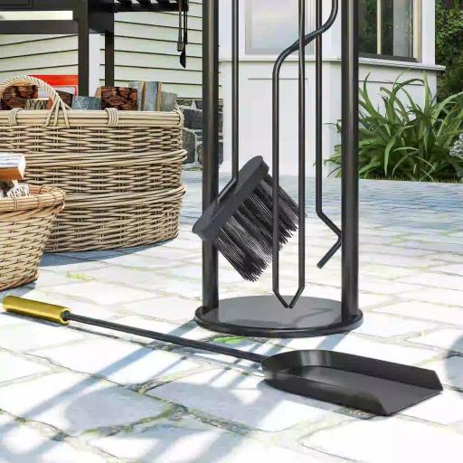 Juego de Utensilios para Chimenea de 5 Piezas de Metal con Escoba Pala Tenazas Atizador y Soporte 20x20x71 cm Dorado [7]