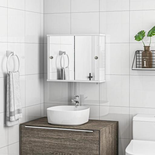 Armario con Espejo de Pared con Estante Ajustable y Puerta Corredera Doble para Lavabo 55x15x45 cm Blanco Brillante [4]
