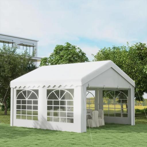 Carpa para Fiesta Cochera Gazebo 4x4m Pergola Cenador Pabellón 4 Paneles Laterales 6 Ventanas Anti-UV para Eventos Bodas Acero PE Blanco