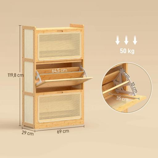 Zapatero Estrecho de Bambú con 3 Cajones Abatibles de Ratán para 18-21 Pares de Zapatos 69x29x119,8 cm Natural [1]