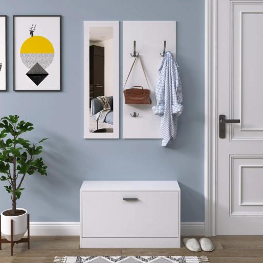 Conjunto de Muebles de Entrada Recibidor Pasillo Set de 3 Piezas Zapatero Espejo Perchero con 4 Ganchos para Colgar Ropa 80x27x46,5cm Blanco