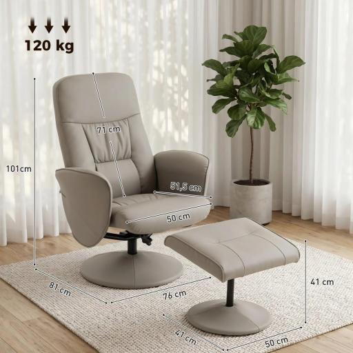 Sillón Relax Reclinable con Reposapiés Respaldo Alto Giratorio 360° Reposabrazos Beige Gris [5]
