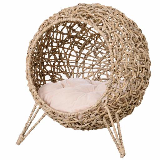 Cama Cueva de Ratán para Gatos o Mascotas Pequeña con Base Trípode Cojín de Felpa y Algodón Suave Diseño Elevado Estable Φ52x58 cm Madera Natural [10]