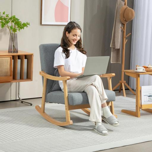 Silla Mecedora con Cojín Lumbar Respaldo Amplio y Base de Madera para Salón o Dormitorio 65x87x84 cm Gris Claro [3]