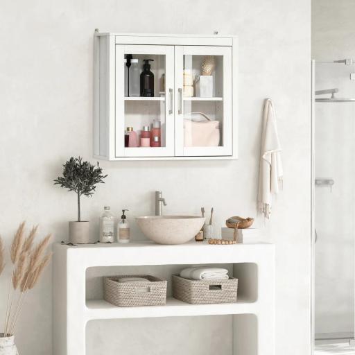 Armario de Baño de Pared con Puertas de Vidrio y Estante Ajustable Mueble Colgante Moderno 60x19,5x54 cm Blanco