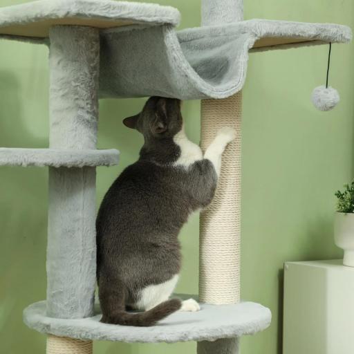 Árbol para Gatos de Suelo a Techo 225-255 cm con Hamacas Plataformas Juguete de Cuerda Bola de Juguete Gris [7]
