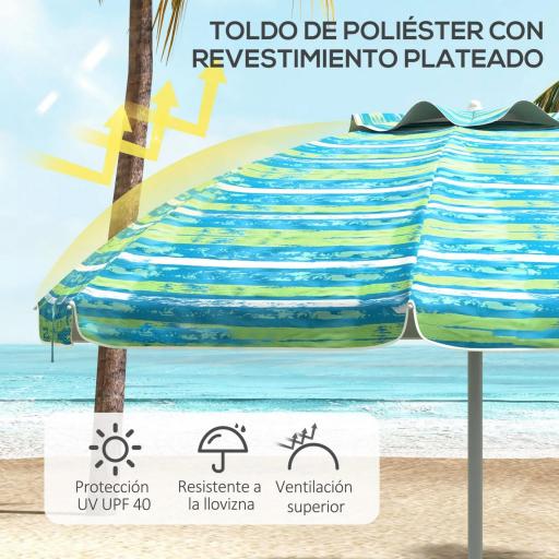 Sombrilla de Playa Ø190x215 cm con Reclinación 45° Altura Ajustable y Mesa con Portavasos Anti-UV Impermeable Multicolor [2]