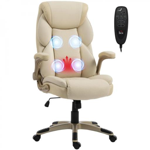 Silla de Oficina con Masaje Vibratorio de 4 Puntos Calor Lumbar Brazos Abatibles Respaldo Alto Altura Ajustable Crema [9]