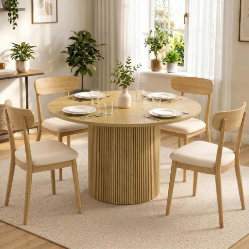 Mesa de Comedor Redonda Moderna para 4-6 Personas Mesa de Cocina de 110 cm con Base Cilíndrica Acanalada Roble [7]