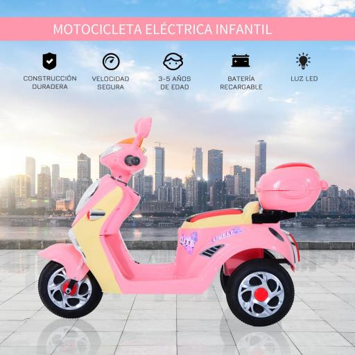 Coche Triciclo Moto Eléctrica Infantil Correpasillos a Batería Niños +3 años 6V Metal + PP 108x51x75cm Rosa [5]