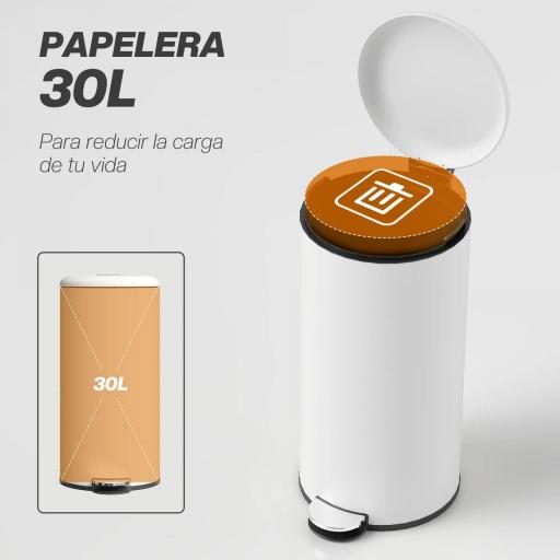 Papelera de Cocina 30L con Pedal Tapa de Cierre Suave y Cubo Extraíble para Dormitorio Oficina Estudio Salón Crema [5]