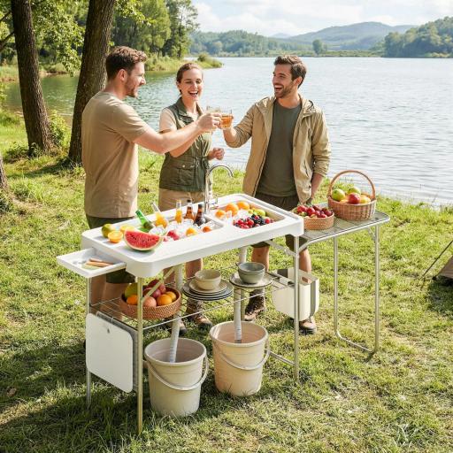 Mesa de Limpieza de Pescado Plegable Portátil con 2 Fregaderos Grifo Manguera Estante Lateral Cesta y Ranuras Blanco