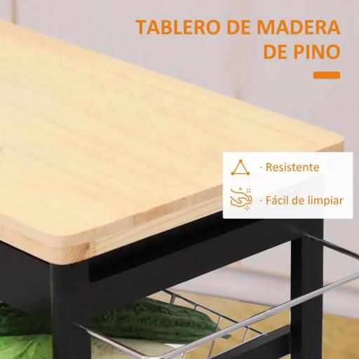 Carrito Auxiliar con Ruedas Carrito Verdulero Carro de Cocina con 2 Cajones 2 Cestas y 2 Estantes 74x37x76 cm Negro [5]