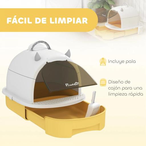 Arenero Cerrado para Gatos con Bandeja Extraíble Filtro de Carbono Pala y Asa Superior 40,5x52x39 cm Amarillo y Blanco [5]
