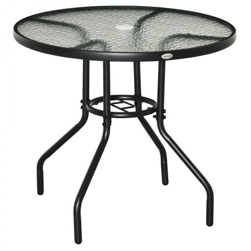 Mesa de Exterior Ø80x72 cm con Agujero para Sombrilla y Encimera de Vidrio Templado para Patio Terraza Negro [8]