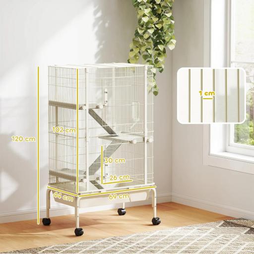 Jaula para Animales Pequeños de 4 Niveles con Ruedas Rampas Cuenco Botella de Agua 69x44x120 cm Beige [5]