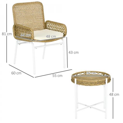 Juego de 3 Piezas Sillas y Mesa de Ratán con 2 Sillas 1 Mesa de Centro y Cojines para Terraza Patio Natural [1]
