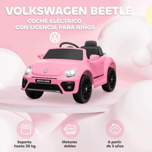 Coche Eléctrico para Niños de +3 Años Volkswagen Beetle con Batería 12V Mando a Distancia Faros Bocina y Música Rosa [2]