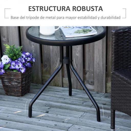 Mesa de Jardín Redonda Mesa de Café Exterior con Tablero de Cristal Decorativo y Marco de Metal para Patio Terraza Balcón Ø50x55 cm Negro [3]