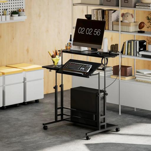 Escritorio Elevable con Ruedas Enchufes Puertos USB Altura Ajustable Panel Central Inclinado y Estante 80x60 cm Negro
