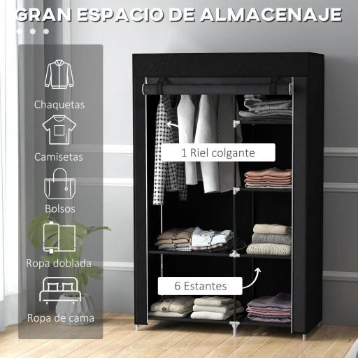 Armario de Tela Plegable Ropero Portátil con 6 Estantes y 1 Barra de Colgar para Dormitorio 103x43x162,5cm Negro [9]