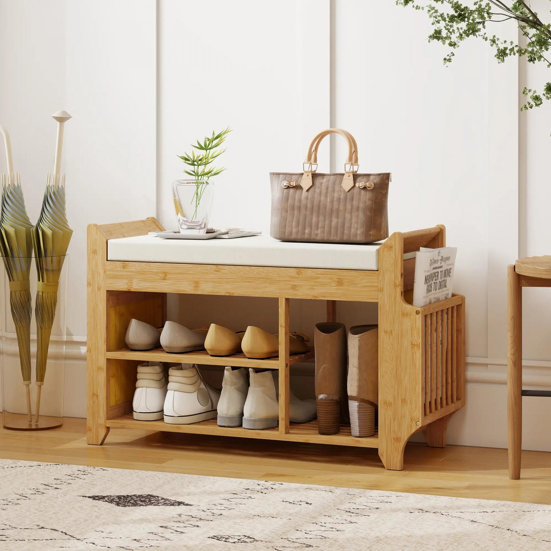 Banco Zapatero con Asiento Acolchado Almacenamiento Lateral Estante para Botas Marco de Bambú 80x30x50 cm Natural