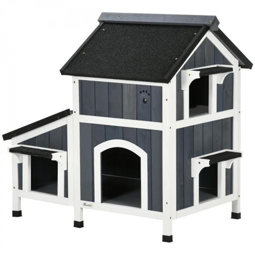 Caseta de Madera de Exterior para Gatos Casa para Gatos Refugio para Gatos de 2 Niveles 96x65x85,5 cm Gris [9]
