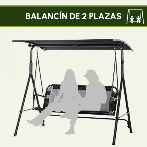 Columpio de Jardín de Exterior de 2 Plazas Silla Balancín con Parasol Techo Ajustable en Ángulo Terraza Balcón Exterior Carga 200 kg 172x110x155 cm Negro [4]