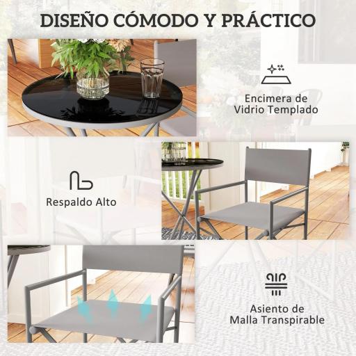 Conjunto de Jardín 3 Piezas con Mesa Redonda de Vidrio Templado y 2 Sillas Plegables con Asientos de Malla Transpirable [3]