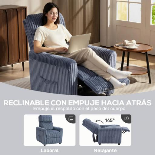 Sillón Relax Reclinable Manual Tapizado en Pana Instalación Rápida Reposapiés Acolchado Grueso Azul Oscuro [2]
