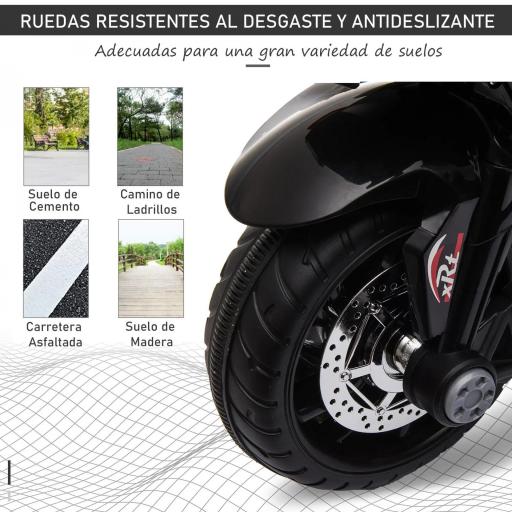 Moto Eléctrica Infantil con 3 Ruedas Trimoto para Niños de +3 Años con Batería 6V Recargable Funciones de Música Bocina Faros 86x42x52 cm Negro y Blanco [4]